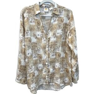 C&C California Women's L Shirt 100% Linen Button Down Long Sleeve Italian Icons